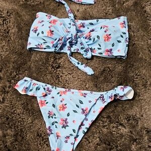 Light Blue Floral Bikini Set - Bandeau Top & Ruffle Bottom